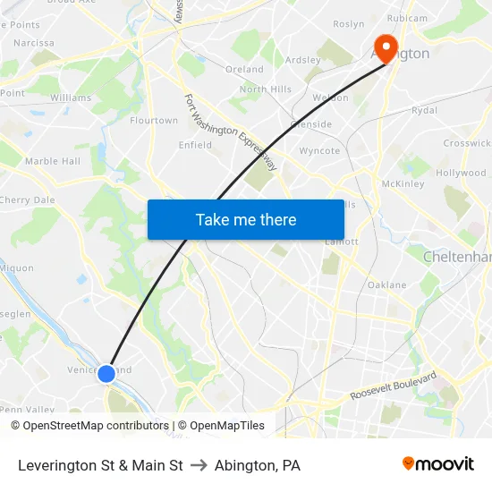 Leverington St & Main St to Abington, PA map