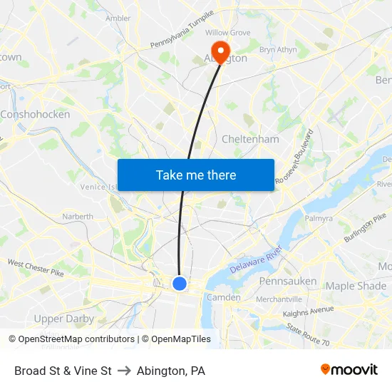 Broad St & Vine St to Abington, PA map