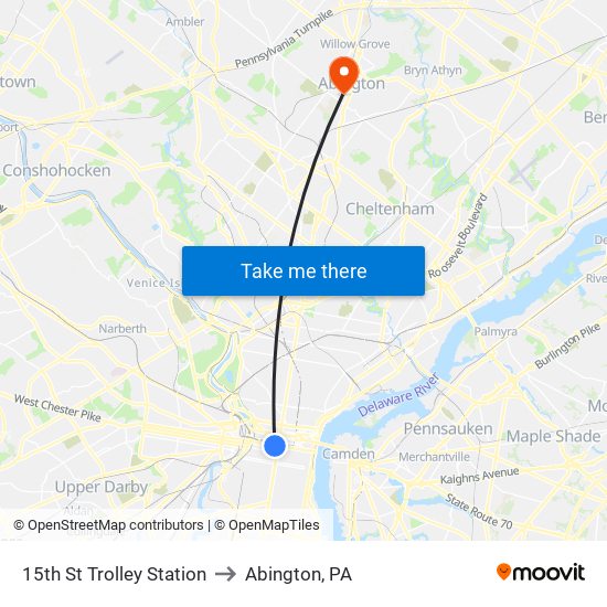 15th St Trolley Station to Abington, PA map