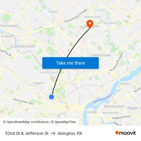 52nd St & Jefferson St to Abington, PA map