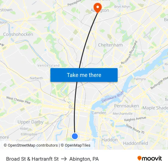 Broad St & Hartranft St to Abington, PA map