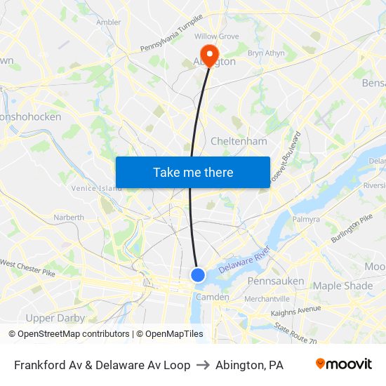 Frankford Av & Delaware Av Loop to Abington, PA map