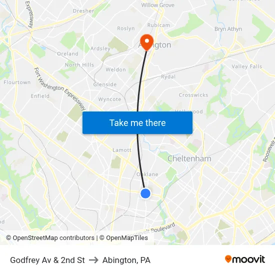 Godfrey Av & 2nd St to Abington, PA map