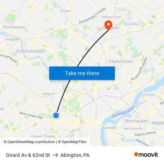 Girard Av & 62nd St to Abington, PA map