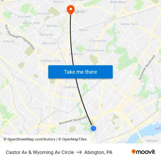 Castor Av & Wyoming Av Circle to Abington, PA map
