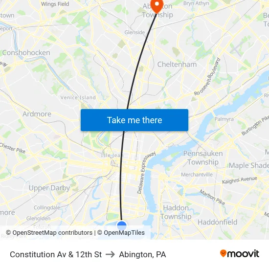 Constitution Av & 12th St to Abington, PA map