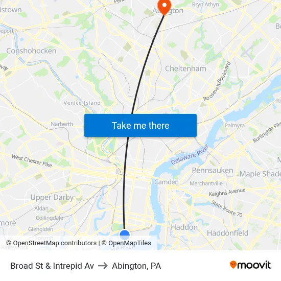 Broad St & Intrepid Av to Abington, PA map