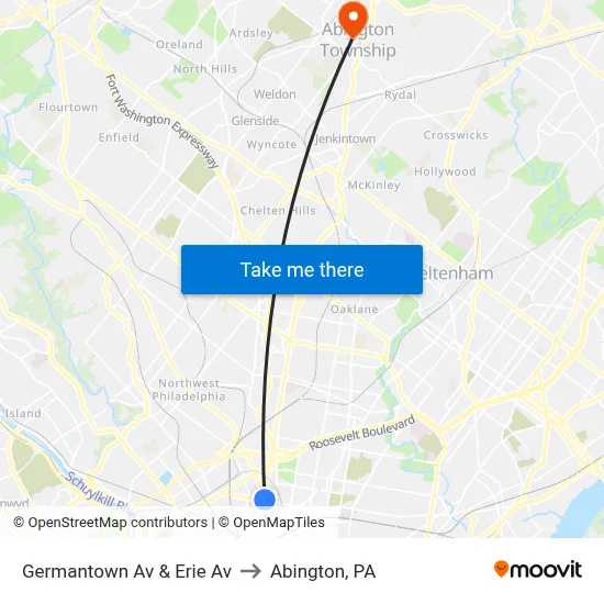 Germantown Av & Erie Av to Abington, PA map