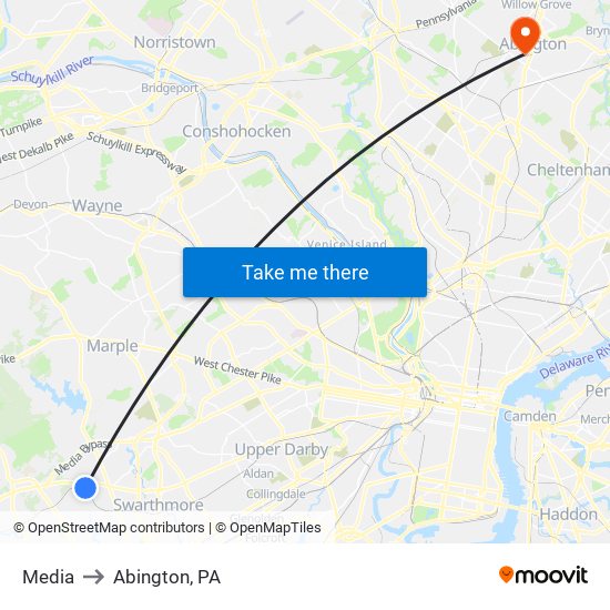 Media to Abington, PA map