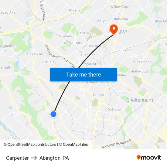 Carpenter to Abington, PA map