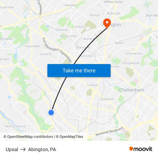Upsal to Abington, PA map
