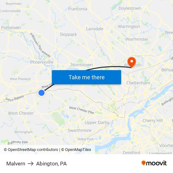 Malvern to Abington, PA map