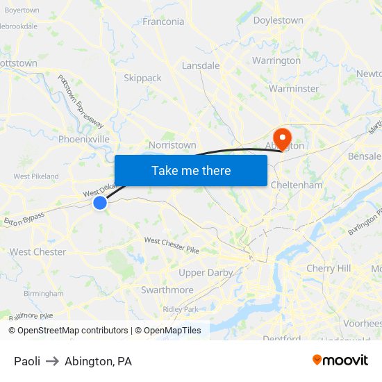 Paoli to Abington, PA map