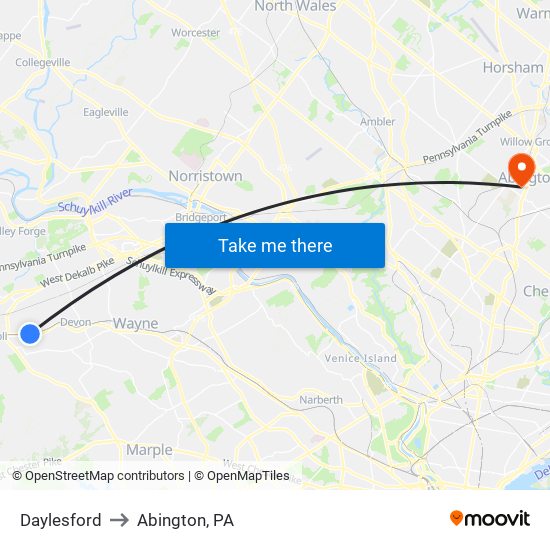 Daylesford to Abington, PA map