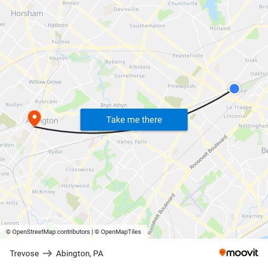 Trevose to Abington, PA map