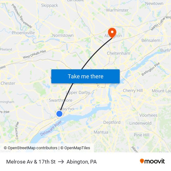 Melrose Av & 17th St to Abington, PA map