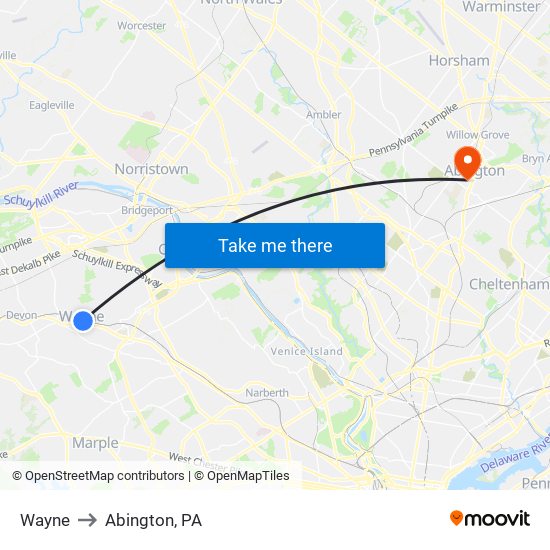 Wayne to Abington, PA map