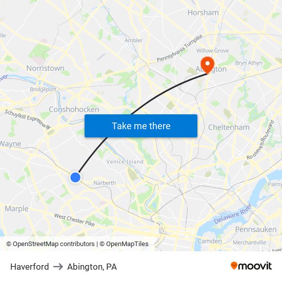 Haverford to Abington, PA map
