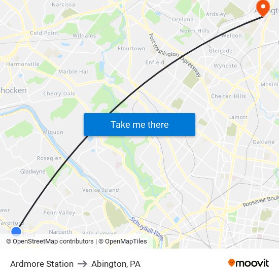 Ardmore Station to Abington, PA map