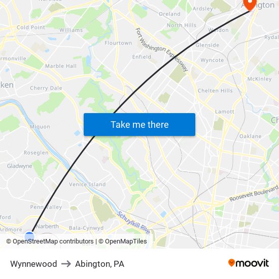 Wynnewood to Abington, PA map