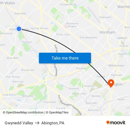 Gwynedd Valley to Abington, PA map