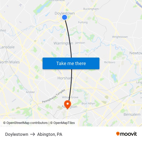 Doylestown to Abington, PA map