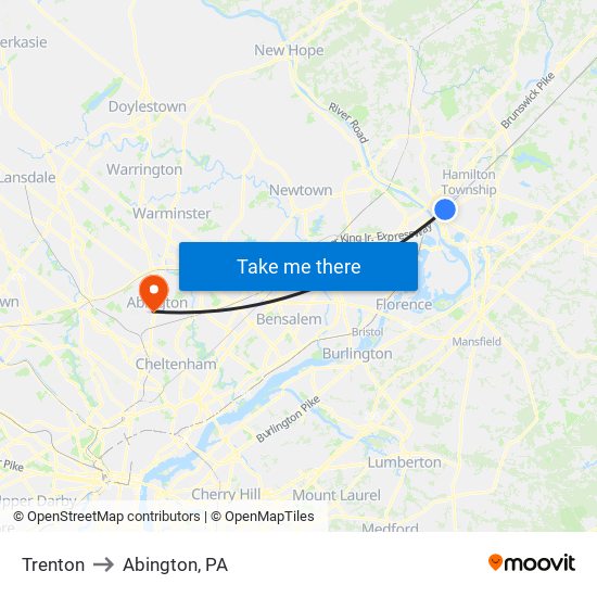 Trenton to Abington, PA map