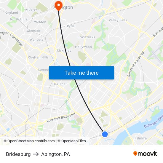 Bridesburg to Abington, PA map