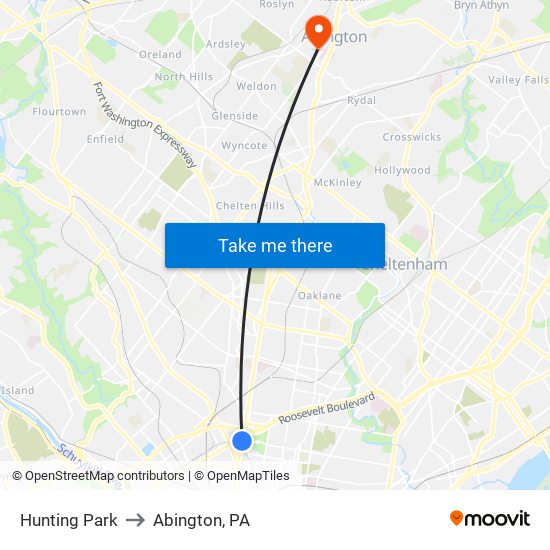 Hunting Park to Abington, PA map