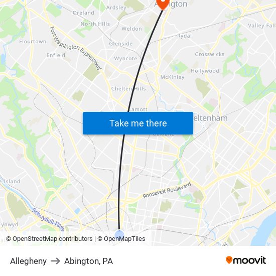 Allegheny to Abington, PA map