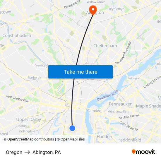 Oregon to Abington, PA map