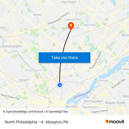 North Philadelphia to Abington, PA map