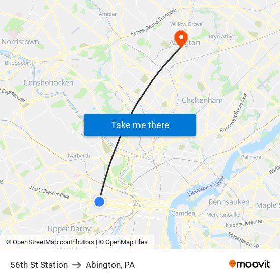 56th St Station to Abington, PA map
