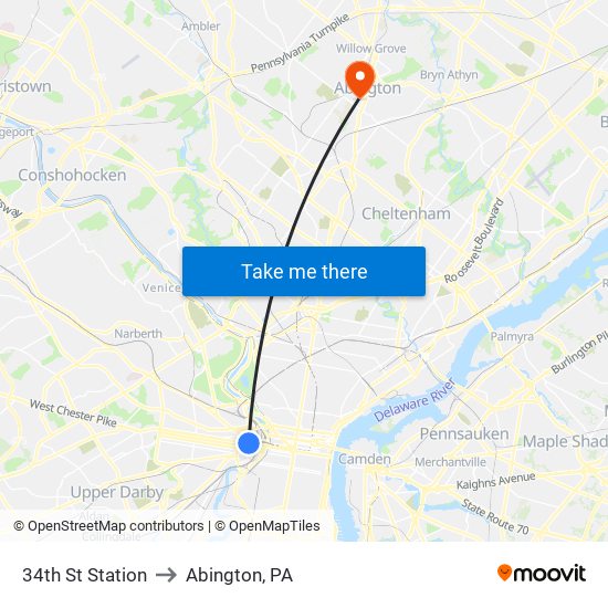 34th St Station to Abington, PA map