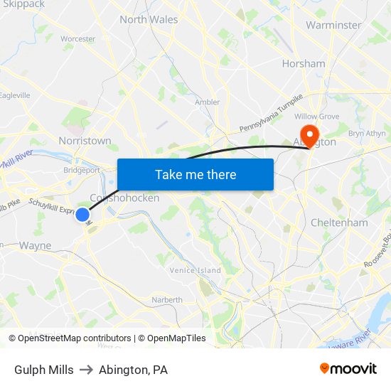 Gulph Mills to Abington, PA map