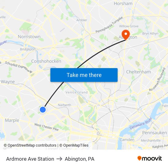 Ardmore Ave Station to Abington, PA map