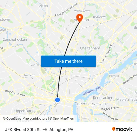 JFK Blvd at 30th St to Abington, PA map
