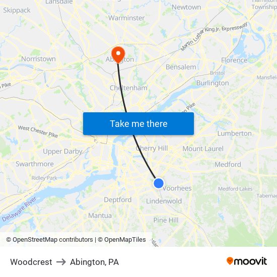 Woodcrest to Abington, PA map