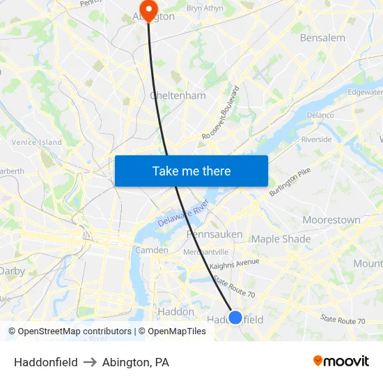 Haddonfield to Abington, PA map