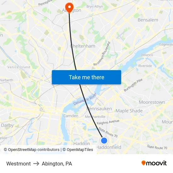 Westmont to Abington, PA map