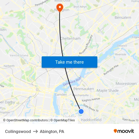 Collingswood to Abington, PA map