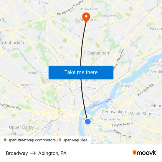 Broadway to Abington, PA map