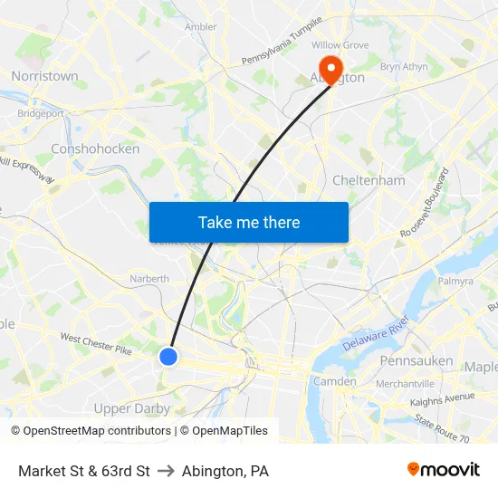 Market St & 63rd St to Abington, PA map