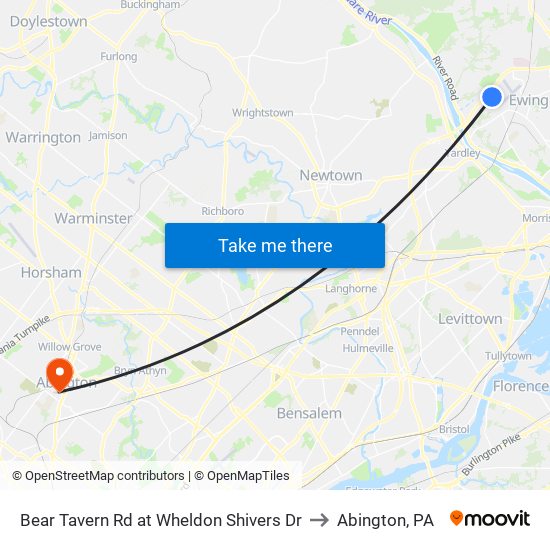 Bear Tavern Rd at Wheldon Shivers Dr to Abington, PA map