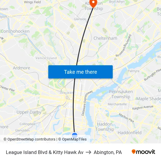 League Island Blvd & Kitty Hawk Av to Abington, PA map