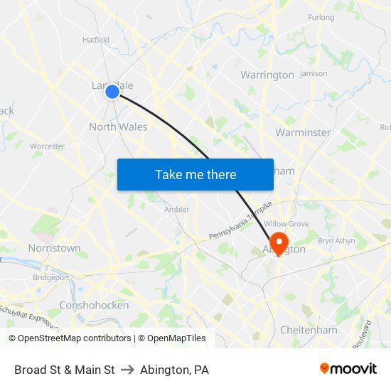 Broad St & Main St to Abington, PA map