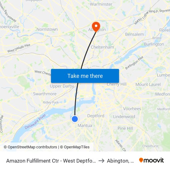 Amazon Fulfillment Ctr - West Deptford to Abington, PA map