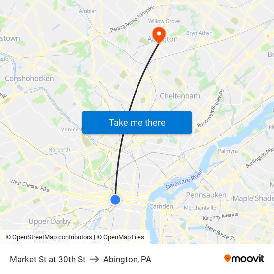 Market St at 30th St to Abington, PA map
