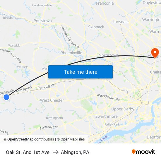 Oak St. And 1st Ave. to Abington, PA map