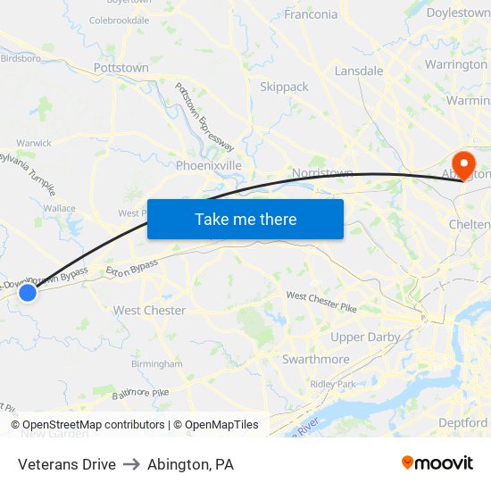 Veterans Drive to Abington, PA map